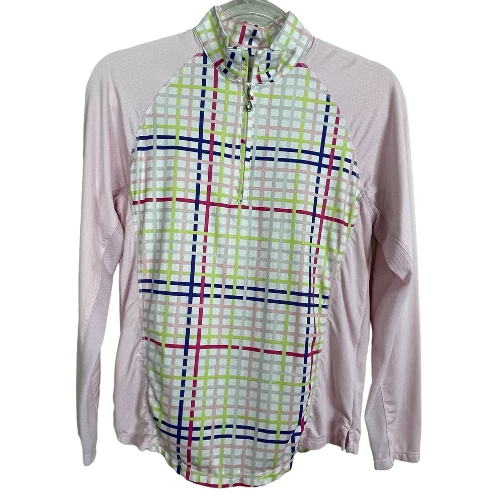 SanSoleil Top Country Club Women S Pink Plaid 1/4 Zip UPF 50‎ Golf Tennis Shirt
